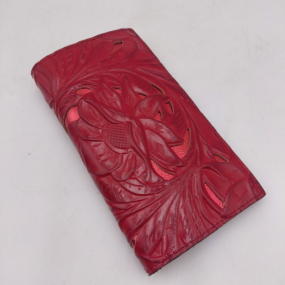 Patricia Nash Red Tooled Leather Floral Shiny Leaf Bi-fold Wallet Western Boho